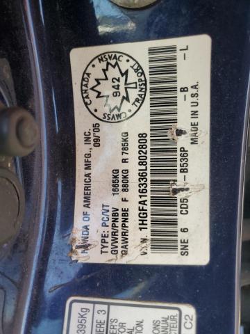 1HGFA16336L802808 - 2006 HONDA CIVIC DX VP Կապույտ լուսանկար 13