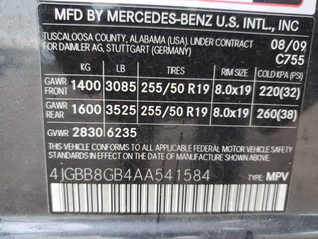 4JGBB8GB4AA541584 - 2010 MERCEDES-BENZ ML 350 4MATIC CHARCOAL photo 12