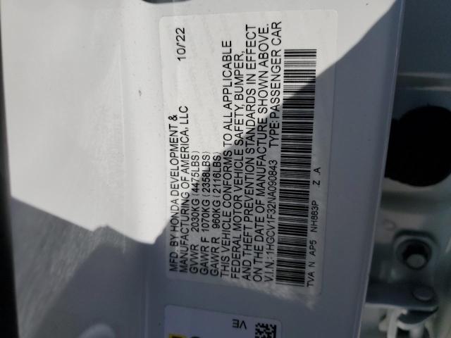 1HGCV1F32NA090843 - 2022 HONDA ACCORD SPORT WHITE photo 13