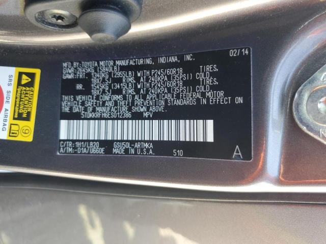 5TDKKRFH6ES012386 - 2014 TOYOTA HIGHLANDER XLE GRAY photo 12
