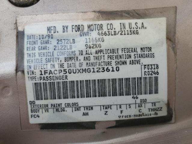 1FACP50UXMG123610 - 1991 FORD TAURUS L TAN photo 12