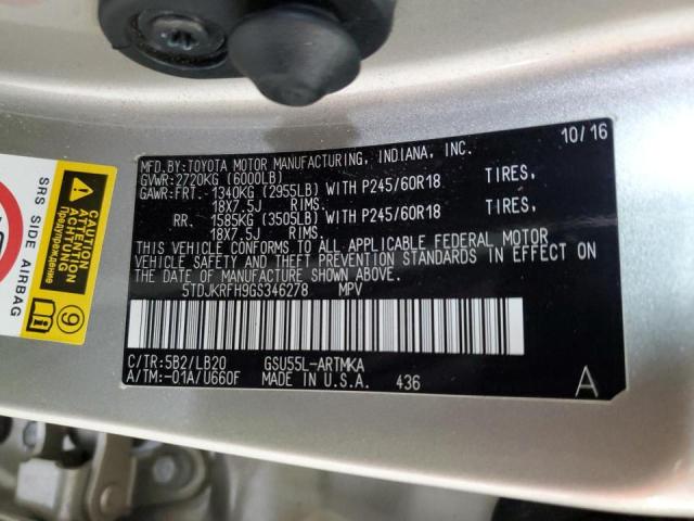 5TDJKRFH9GS346278 - 2016 TOYOTA HIGHLANDER XLE ბეჟი ფოტო 13