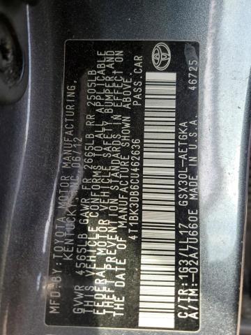 4T1BK3DB6CU462636 - 2012 TOYOTA AVALON BASE Gri fotoğraf 12