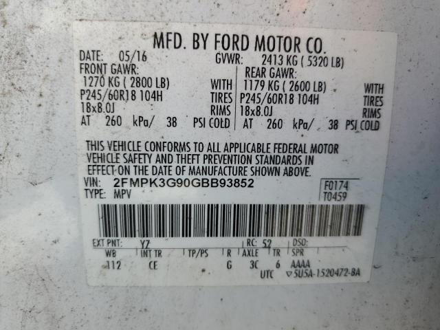 2FMPK3G90GBB93852 - 2016 FORD EDGE SE WHITE photo 13