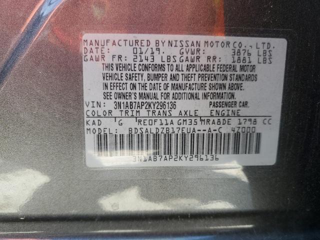 3N1AB7AP2KY296136 - 2019 NISSAN SENTRA S 灰色 照片 13
