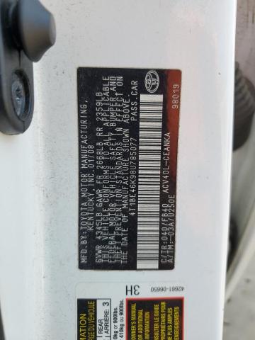 4T1BE46K98U785077 - 2008 TOYOTA CAMRY CE WHITE photo 12