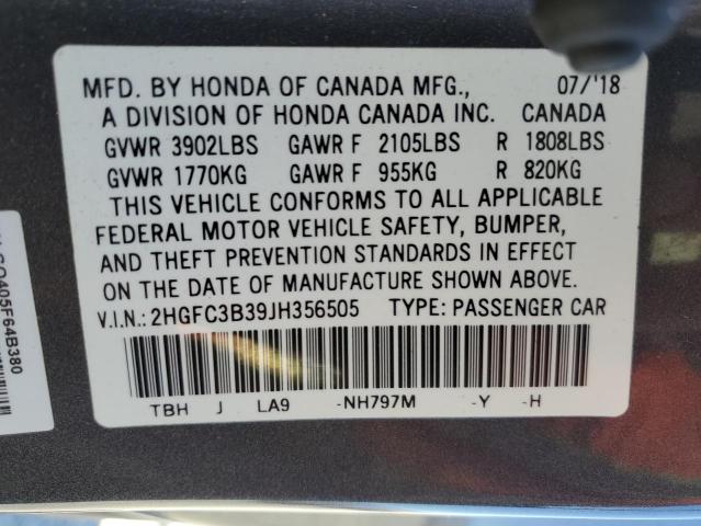 2HGFC3B39JH356505 - 2018 HONDA CIVIC EX GRAY photo 12