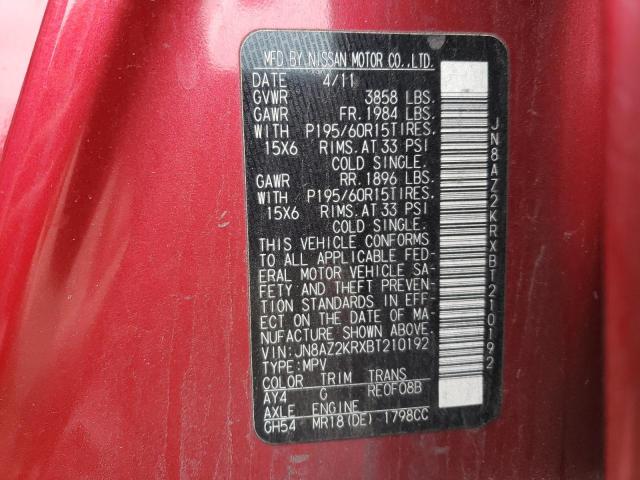 JN8AZ2KRXBT210192 - 2011 NISSAN CUBE BASE RED photo 12