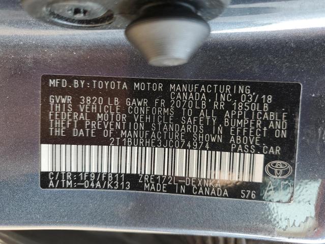 2T1BURHE3JC074974 - 2018 TOYOTA COROLLA L GRAY photo 12