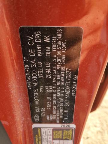 3KPF54ADXKE070877 - 2019 KIA FORTE EX ORANGE photo 12