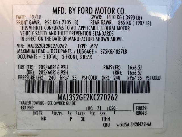 MAJ3S2GE2KC270262 - 2019 FORD ECOSPORT SE Ақ фото 14
