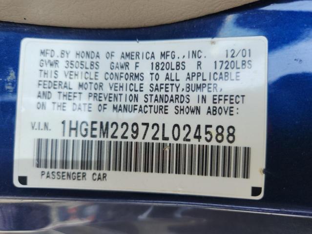 1HGEM22972L024588 - 2002 HONDA CIVIC EX BLUE photo 12