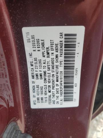 1HGCR2F54FA191038 - 2015 HONDA ACCORD SPORT BURGUNDY photo 12