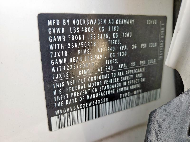 WVGAV3AX2EW543398 - 2014 VOLKSWAGEN TIGUAN S WHITE photo 13