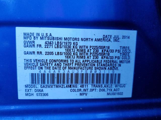 4A4AR3AU3FE003119 - 2015 MITSUBISHI OUTLANDER SPORT ES Mavi foto 12