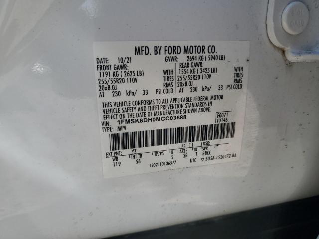 1FMSK8DH0MGC03688 - 2021 FORD EXPLORER XLT WHITE photo 14