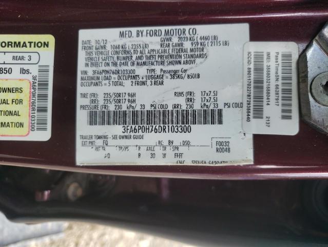 3FA6P0H76DR103300 - 2013 FORD FUSION SE მუქწითელი ფოტო 12