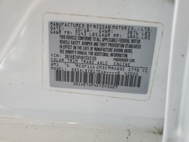 3N1AB7AP4KY243129 - 2019 NISSAN SENTRA S WHITE photo 13