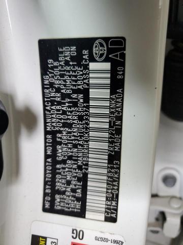 2T1BURHE0KC233371 - 2019 TOYOTA COROLLA L 白色 照片 12