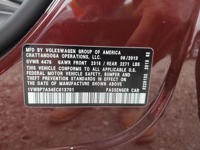 1VWBP7A34EC013701 - 2014 VOLKSWAGEN PASSAT SE BURGUNDY photo 12