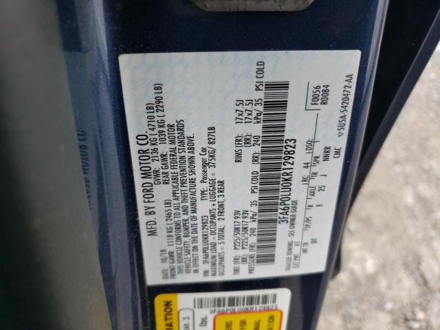 3FA6P0LU0KR129823 - 2019 FORD FUSION SE Bleu photo 12