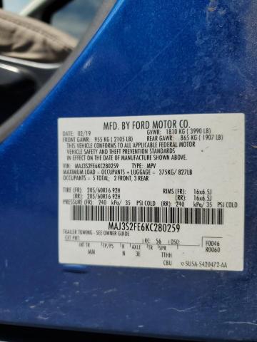 MAJ3S2FE6KC280259 - 2019 FORD ECOSPORT S Bleu photo 13