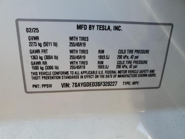7SAYGDED3SF320227 - 2025 TESLA MODEL Y 白色 照片 14