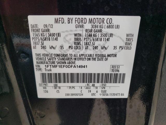 1FTMF1EF0DFA14941 - 2013 FORD F150 BLACK photo 12