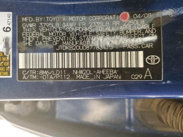 JTDKB20U087783115 - 2008 TOYOTA PRIUS Niebieski zdjęcie 12