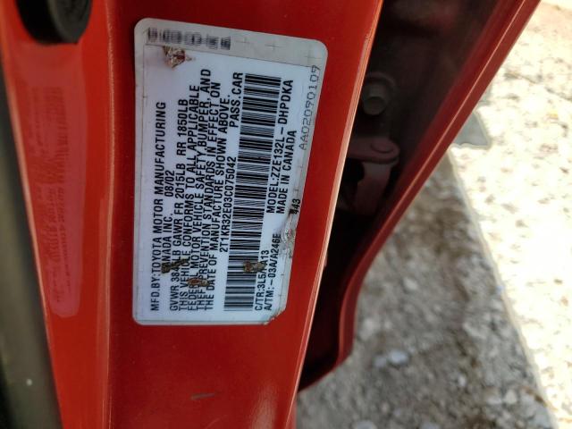 2T1KR32E03C075042 - 2003 TOYOTA COROLLA MA XR RED photo 12