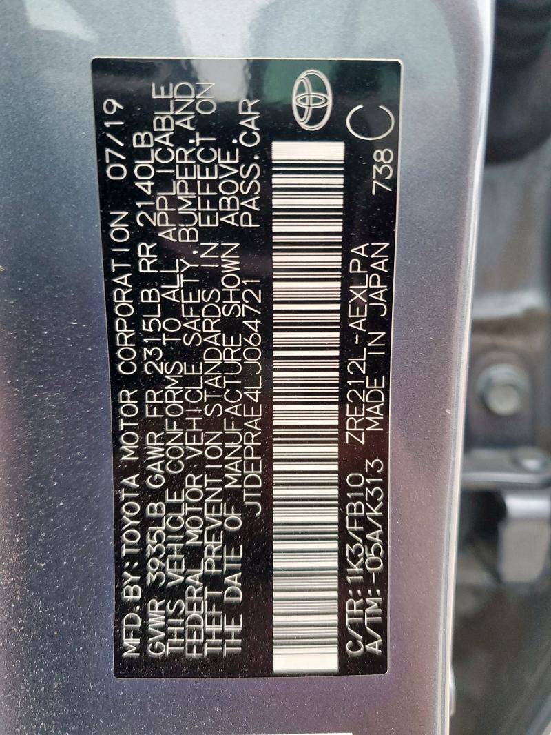 JTDEPRAE4LJ064721 - 2020 TOYOTA COROLLA LE GRAY photo 12