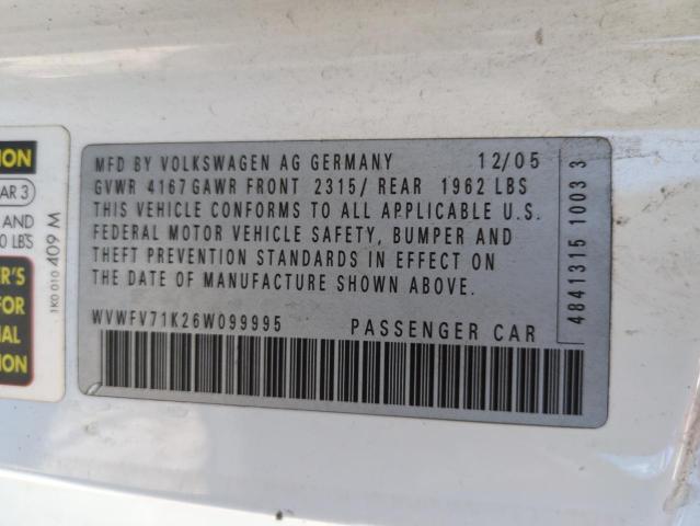 WVWFV71K26W099995 - 2006 VOLKSWAGEN NEW GTI WHITE photo 13