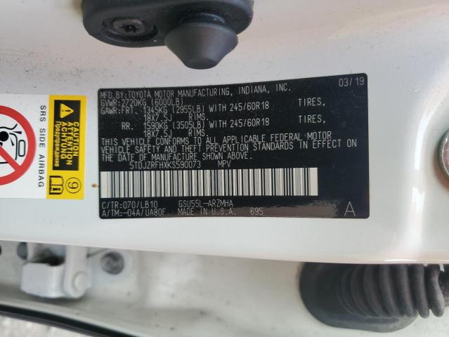 5TDJZRFHXKS590073 - 2019 TOYOTA HIGHLANDER SE 白色 照片 13