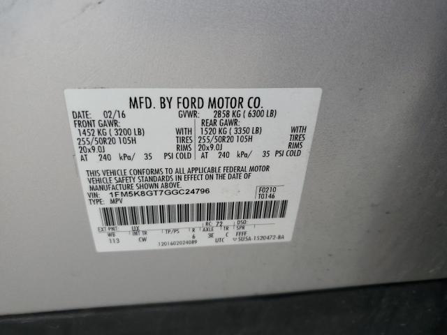 1FM5K8GT7GGC24796 - 2016 FORD EXPLORER SPORT 银色 照片 12