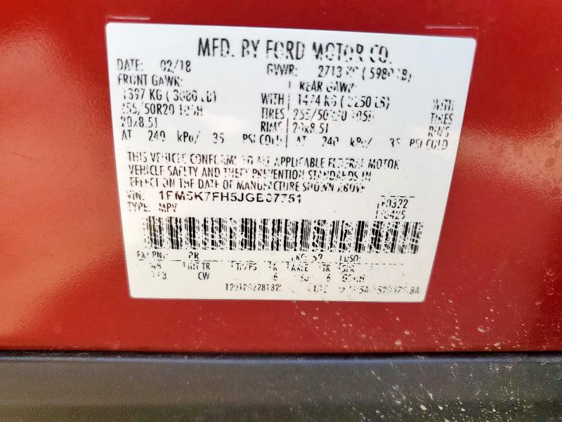 1FM5K7FH5JGB07751 - 2018 FORD EXPLORER LIMITED RED photo 14