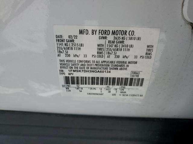 1FMSK7DH3NGA60134 - 2022 FORD EXPLORER XLT 白色 照片 14