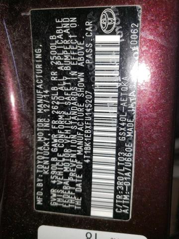 4T1BK1EBXFU145207 - 2015 TOYOTA AVALON XLE MAROON photo 12