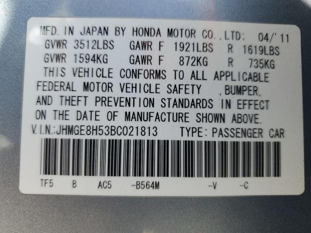 JHMGE8H53BC021813 - 2011 HONDA FIT SPORT BLUE photo 13