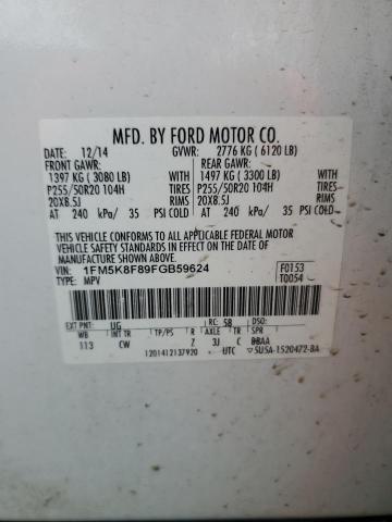 1FM5K8F89FGB59624 - 2015 FORD EXPLORER LIMITED WHITE photo 14