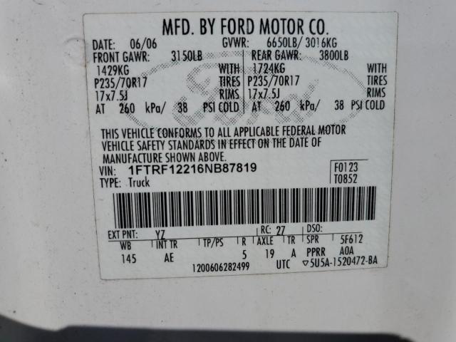 1FTRF12216NB87819 - 2007 FORD F-150 WHITE photo 12