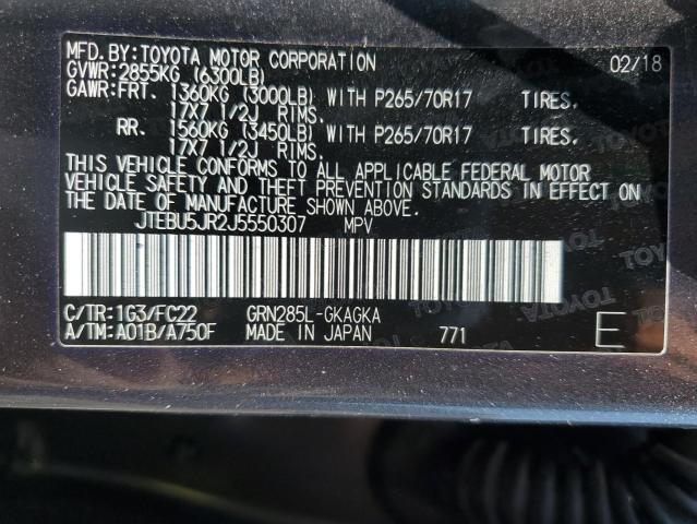 JTEBU5JR2J5550307 - 2018 TOYOTA 4RUNNER SR5/SR5 PREMIUM GRAY photo 14