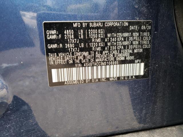 4S4BTACC3M3108995 - 2021 SUBARU OUTBACK PREMIUM BLUE photo 14