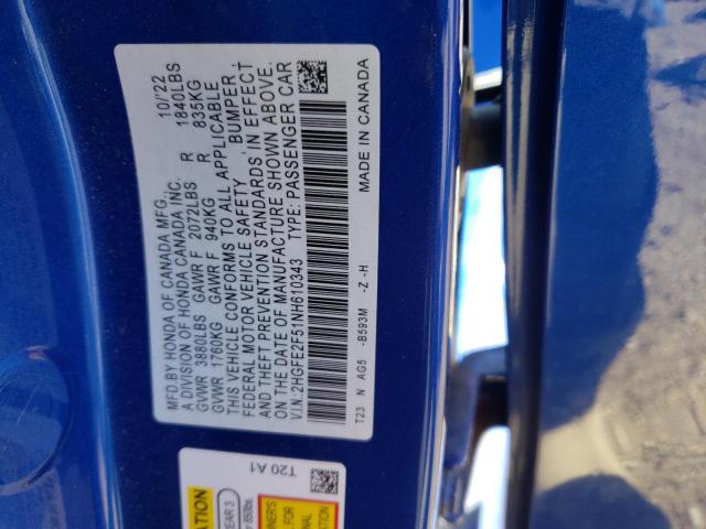2HGFE2F51NH610343 - 2022 HONDA CIVIC SPORT 蓝色 照片 12