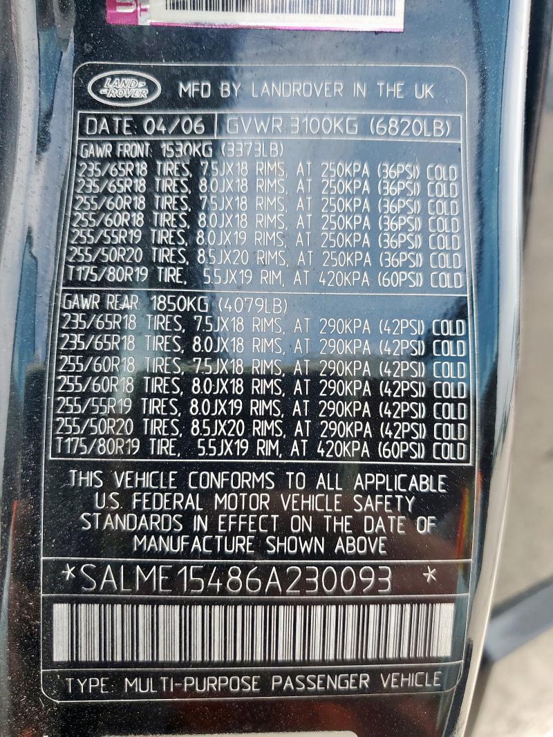 SALME15486A230093 - 2006 LAND ROVER RANGE ROVE HSE BLACK photo 13