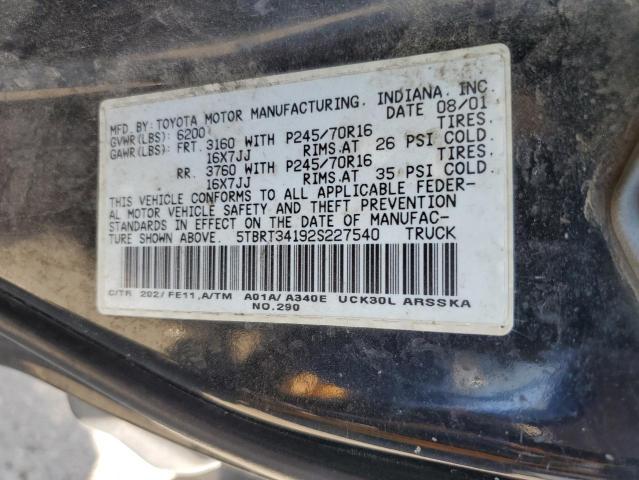 5TBRT34192S227540 - 2002 TOYOTA TUNDRA ACCESS CAB 黑色 照片 12