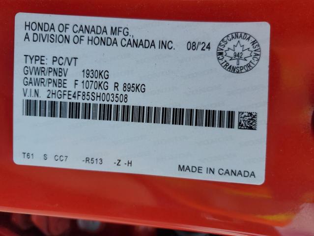 2HGFE4F85SH003508 - 2025 HONDA CIVIC SPORT RED photo 13