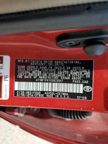 4T1BF1FK1CU622847 - 2012 TOYOTA CAMRY BASE 红色 照片 13