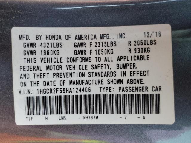 1HGCR2F59HA124406 - 2017 HONDA ACCORD SPORT GRAY photo 12