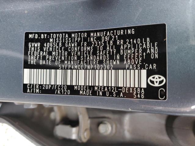 5YFP4MCE7NP102362 - 2022 TOYOTA COROLLA SE GRAY photo 13