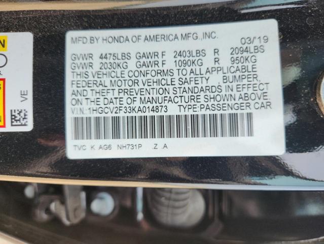 1HGCV2F33KA014873 - 2019 HONDA ACCORD SPORT Սև լուսանկար 12